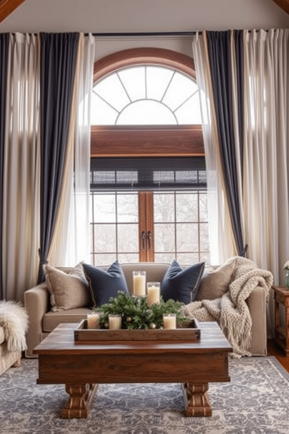 Layered window treatments featuring sheer curtains and thick drapes create a cozy atmosphere while providing insulation. The color palette includes warm neutrals and deep blues to complement the winter loft decor. Decorative elements like plush throw pillows and a soft, oversized blanket add comfort to the space. A rustic wooden coffee table sits in front of a large window, adorned with candles and a seasonal centerpiece.