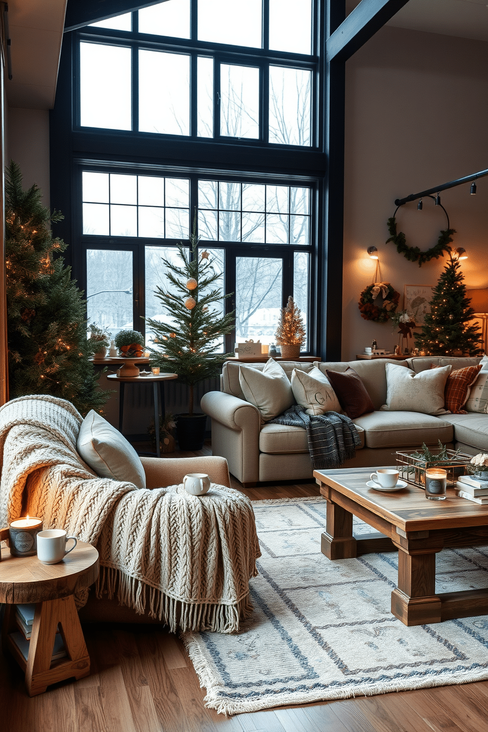 Hygge inspired nooks for relaxation. A cozy reading corner features a plush armchair draped with a soft knit blanket, surrounded by warm ambient lighting and a small side table holding a steaming cup of tea. Winter loft decorating ideas. The open space showcases a rustic wooden coffee table paired with a large sectional sofa adorned with thick throw pillows, while large windows allow natural light to illuminate the room filled with evergreen accents and seasonal decor.