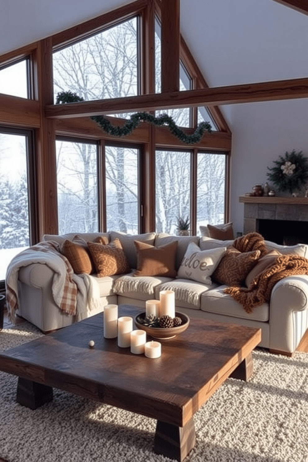 A cozy winter loft space filled with seasonal scents from essential oil diffusers. The room features a large, plush sofa adorned with soft throw blankets and pillows in warm tones. Large windows allow natural light to flood in, showcasing a stunning view of snow-covered trees outside. A rustic wooden coffee table sits in front of the sofa, decorated with candles and a bowl of pinecones for a touch of nature.