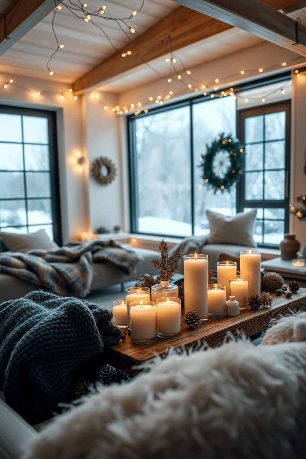 A cozy winter loft setting filled with aromatic candles that emit soothing winter fragrances. The candles are arranged on a rustic wooden coffee table, surrounded by plush blankets and seasonal decor. Soft fairy lights twinkle overhead, creating a warm and inviting atmosphere. A large window showcases the snowy landscape outside, while a comfortable seating area invites relaxation and enjoyment of the winter ambiance.