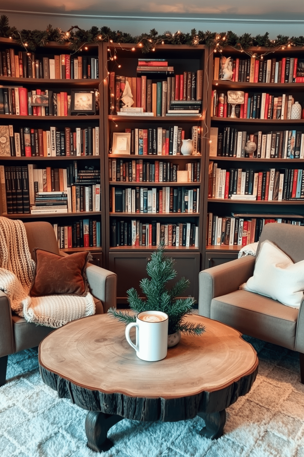 A cozy reading nook featuring bookshelves filled with winter-themed novels. The shelves are adorned with twinkling fairy lights and warm-toned decorative items to create a welcoming atmosphere. Plush armchairs are positioned nearby, draped with soft blankets for added comfort. A rustic coffee table sits in front, topped with a steaming mug of hot cocoa and a small evergreen centerpiece.