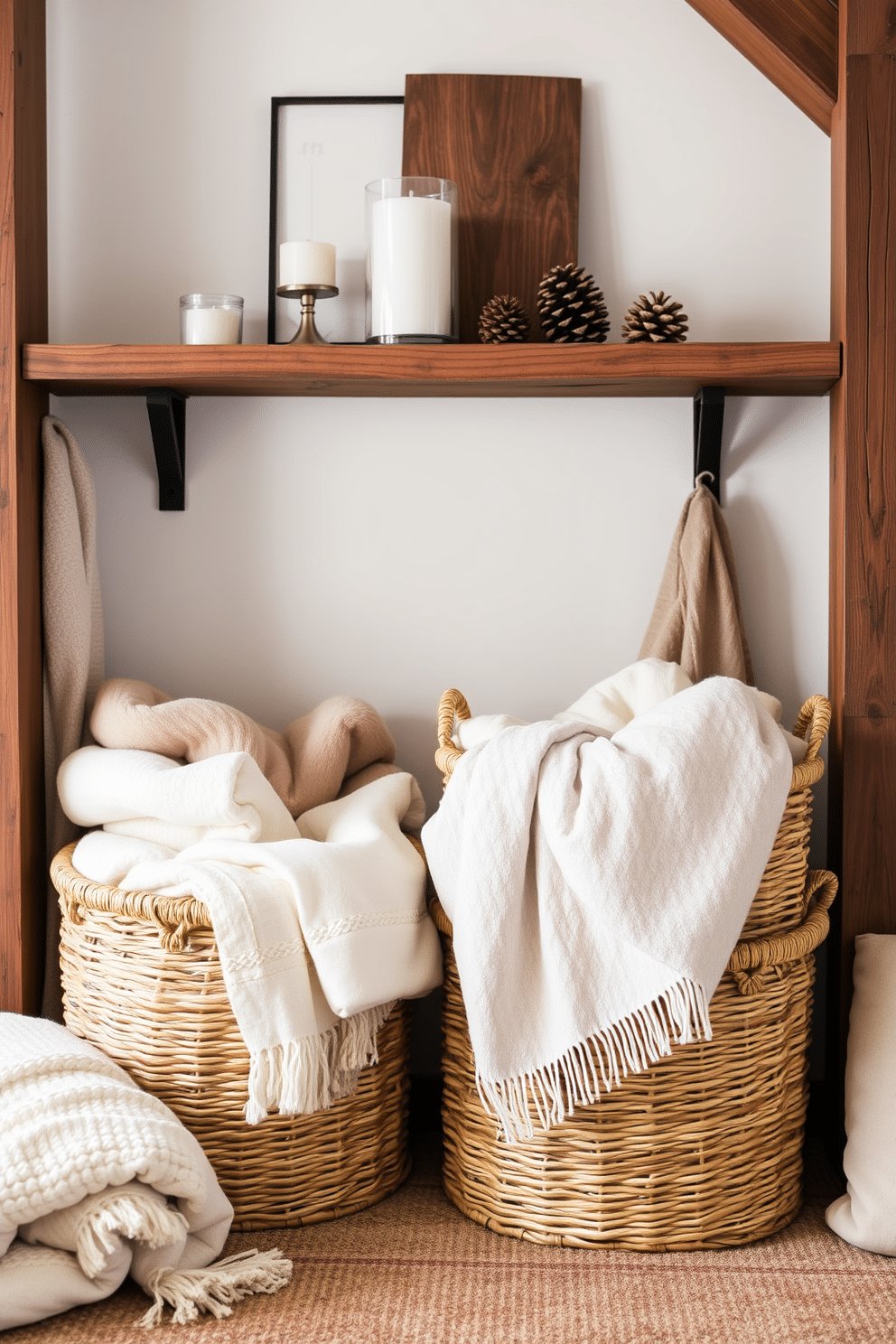 Chic storage baskets for blankets are placed in a cozy corner of a winter loft. The baskets are made of natural woven materials, adding warmth and texture to the space. Surrounding the baskets are soft, oversized blankets in neutral tones, inviting comfort and relaxation. A rustic wooden shelf above displays decorative items like candles and pinecones, enhancing the seasonal decor.