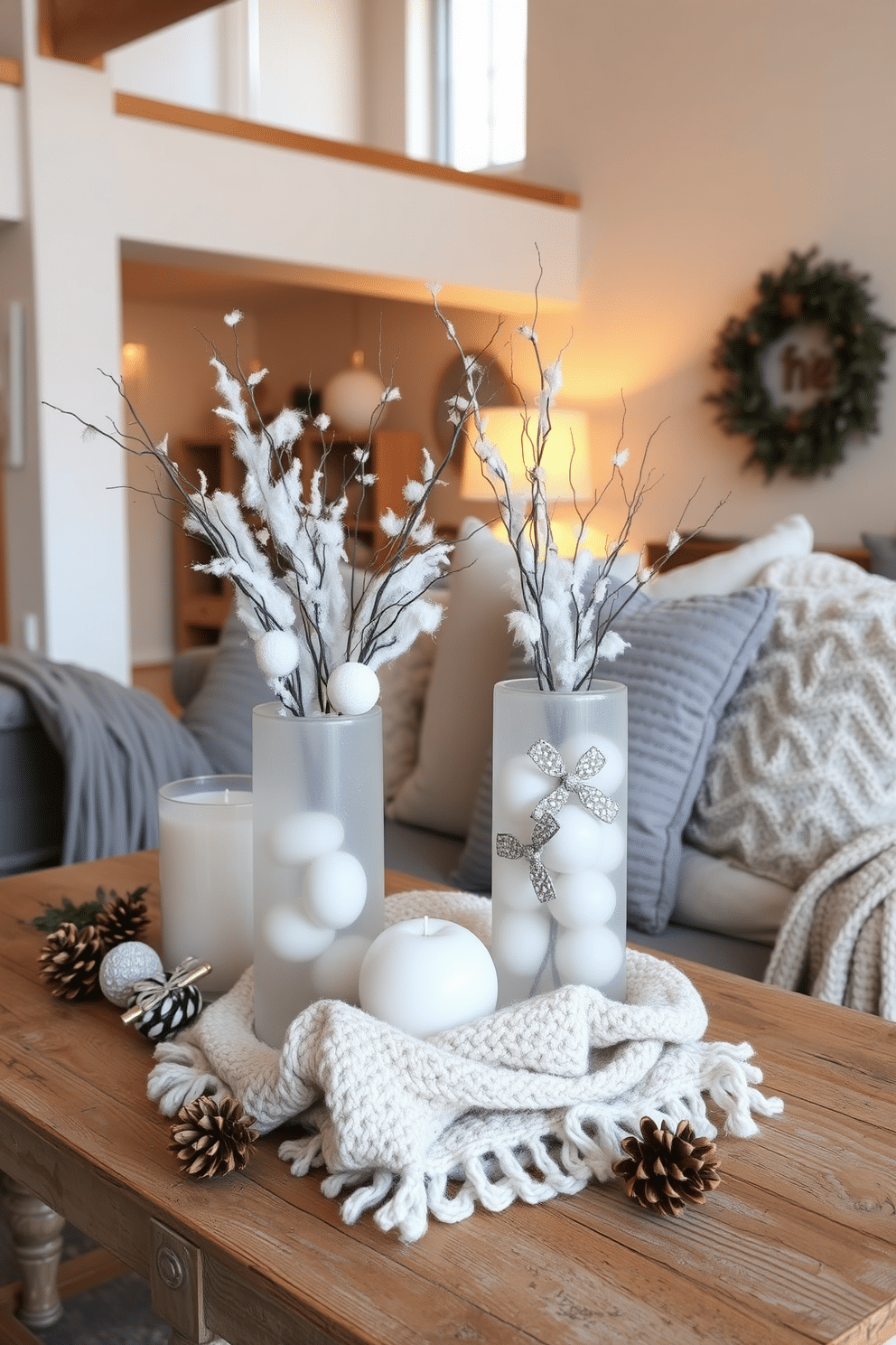 Frosted glass vases filled with white and silver accents create a serene winter atmosphere. The vases are arranged on a rustic wooden table alongside soft knit blankets and pinecone decorations. In a cozy loft setting, incorporate warm lighting to enhance the frosted glass effect. Layer textured cushions and throws in shades of gray and cream for a comfortable, inviting space.