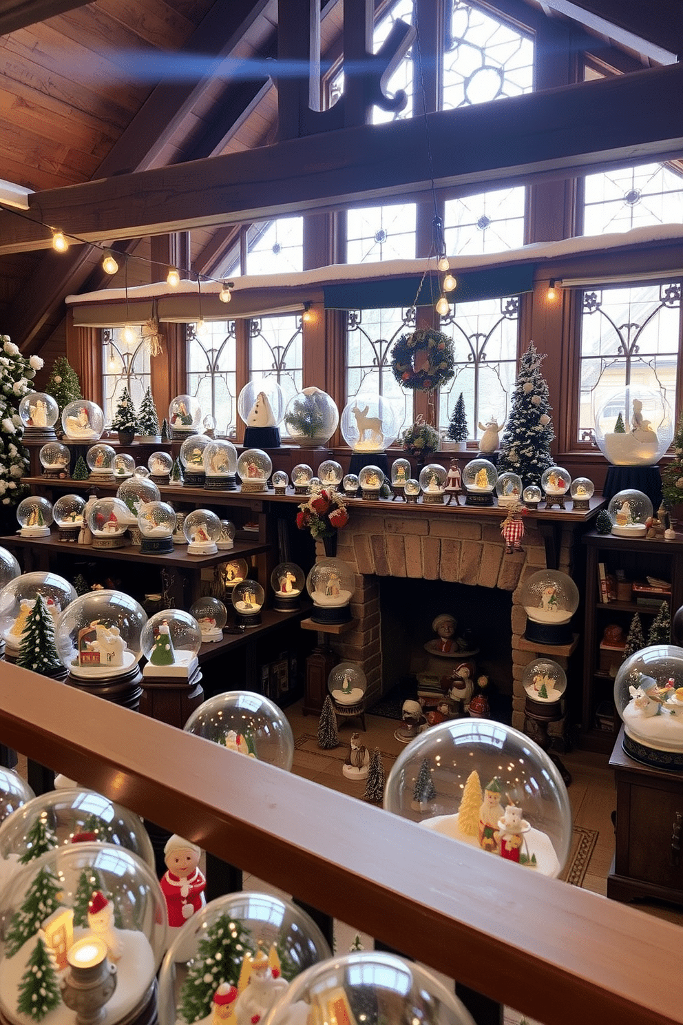 A cozy winter loft filled with vintage snow globes showcasing whimsical scenes. The decor features rustic wooden beams and soft, warm lighting that enhances the nostalgic atmosphere.