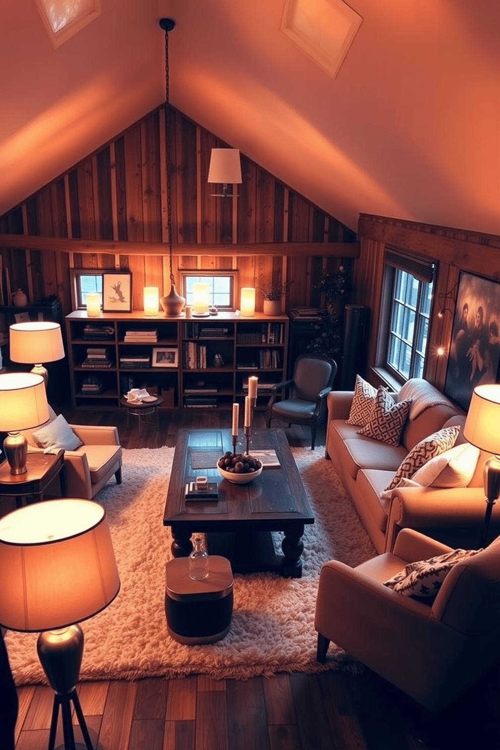 A cozy winter loft setting filled with warm lighting from stylish floor lamps. The space features a plush area rug, a large sectional sofa adorned with soft throw blankets, and a wooden coffee table surrounded by inviting armchairs.