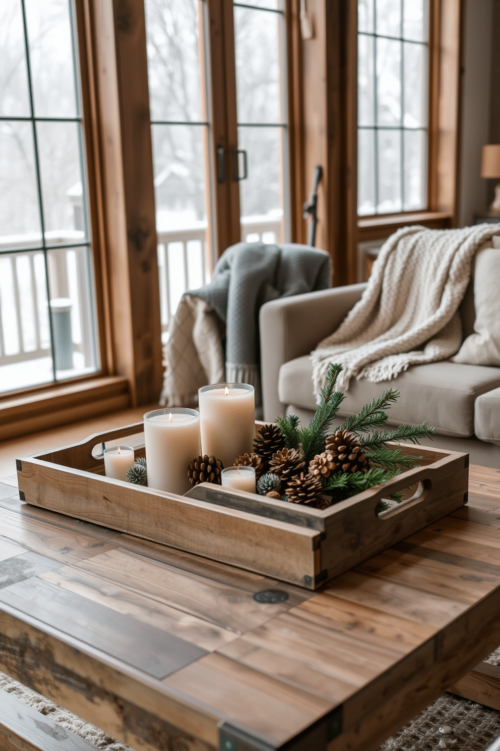 A cozy winter loft setting featuring decorative trays arranged on a rustic wooden coffee table. The trays are filled with seasonal accents like pinecones, candles, and small evergreen branches, creating a warm and inviting atmosphere. Soft, textured throw blankets are draped over the back of a plush armchair, complementing the neutral color palette of the room. Large windows allow natural light to flood in, showcasing the snowy landscape outside while enhancing the winter ambiance indoors.