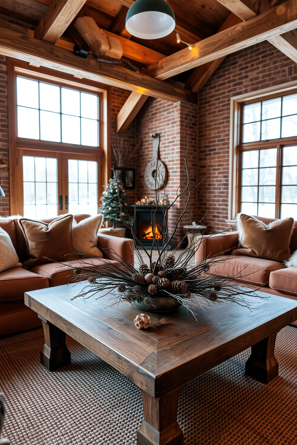 A cozy winter loft setting that incorporates natural elements like pinecones and branches. The space features a large wooden coffee table adorned with a rustic centerpiece of pinecones and twigs, surrounded by plush seating in warm tones. Soft, warm lighting illuminates the room, highlighting the wooden beams and brick walls. A large window displays a snowy landscape, while a woven rug adds texture underfoot, creating an inviting atmosphere.