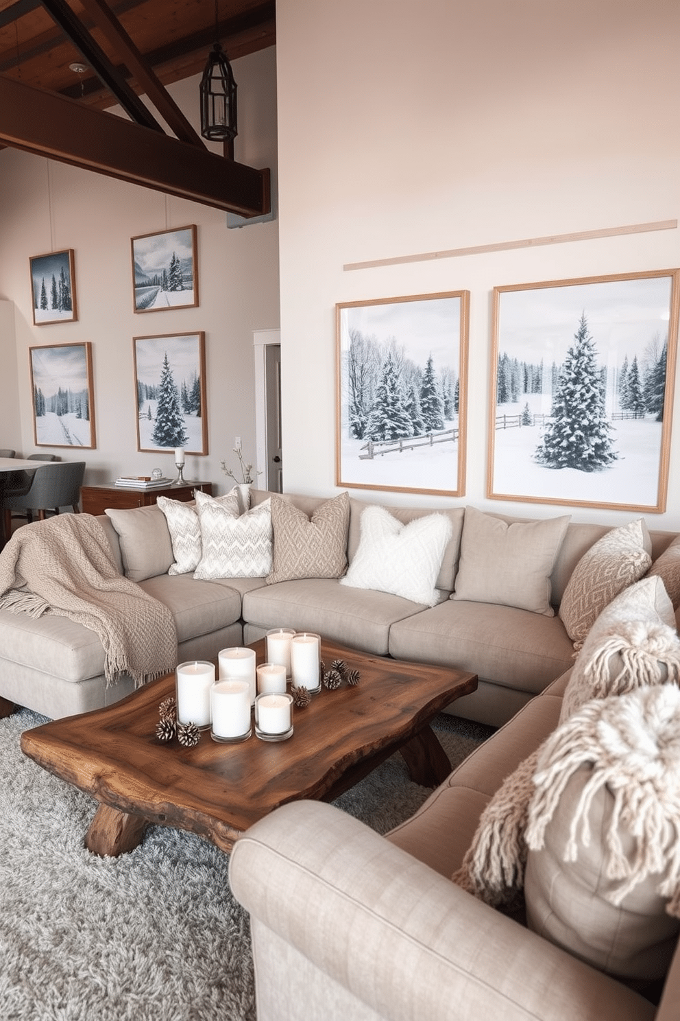 A cozy winter loft setting adorned with seasonal artwork depicting serene winter scenes. The walls showcase large framed prints of snow-covered landscapes and festive holiday imagery, enhancing the warm atmosphere. Soft textures and neutral colors dominate the decor, with plush throws and pillows on a large sectional sofa. A rustic wooden coffee table holds a collection of candles and pinecones, adding a touch of nature to the space.