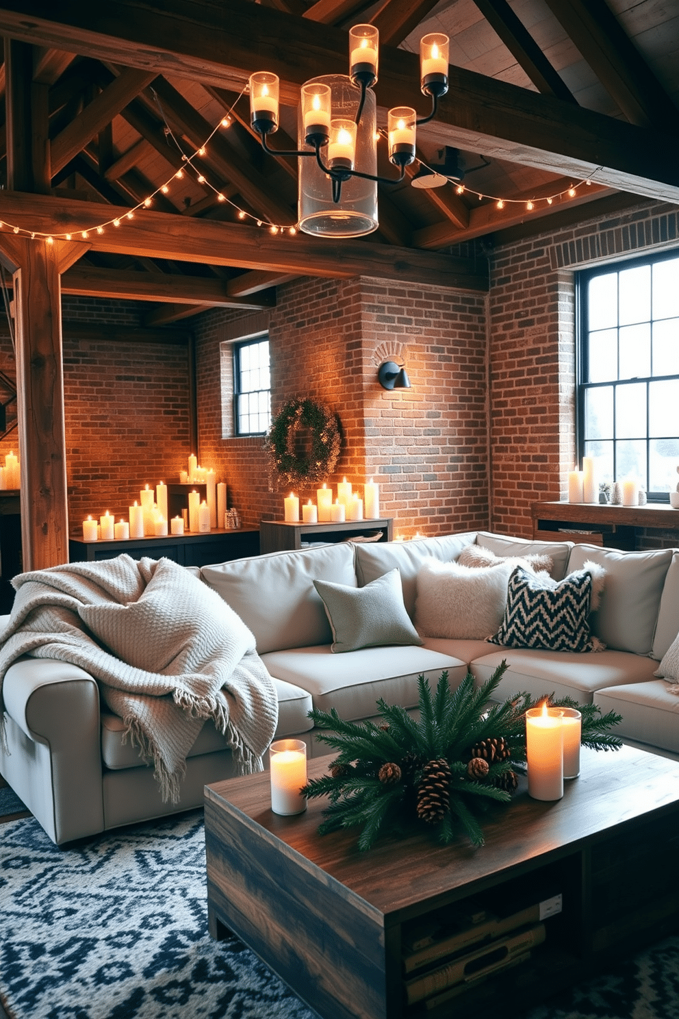 A cozy winter loft setting adorned with candles in various heights and sizes. The warm glow from the candles illuminates the rustic wooden beams and exposed brick walls, creating an inviting atmosphere. Soft textiles like plush throws and fluffy pillows are arranged on a large sectional sofa, enhancing the comfort of the space. A stylish coffee table holds a collection of seasonal decor, including pinecones and evergreen branches, complementing the winter theme.