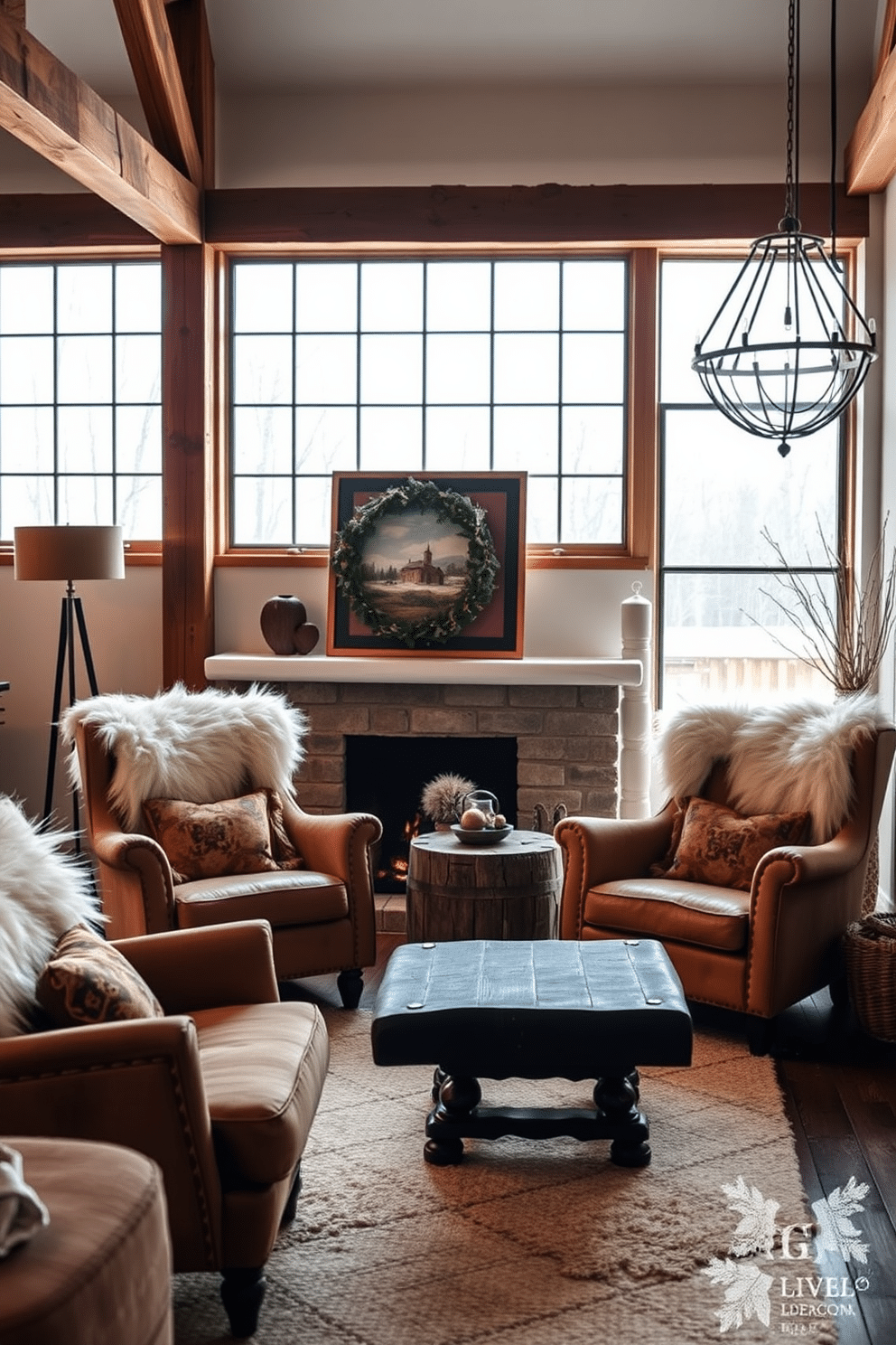 A cozy winter loft setting featuring chairs adorned with faux fur accents. The space is warmed by a rustic wooden coffee table and large windows that allow natural light to flood in.