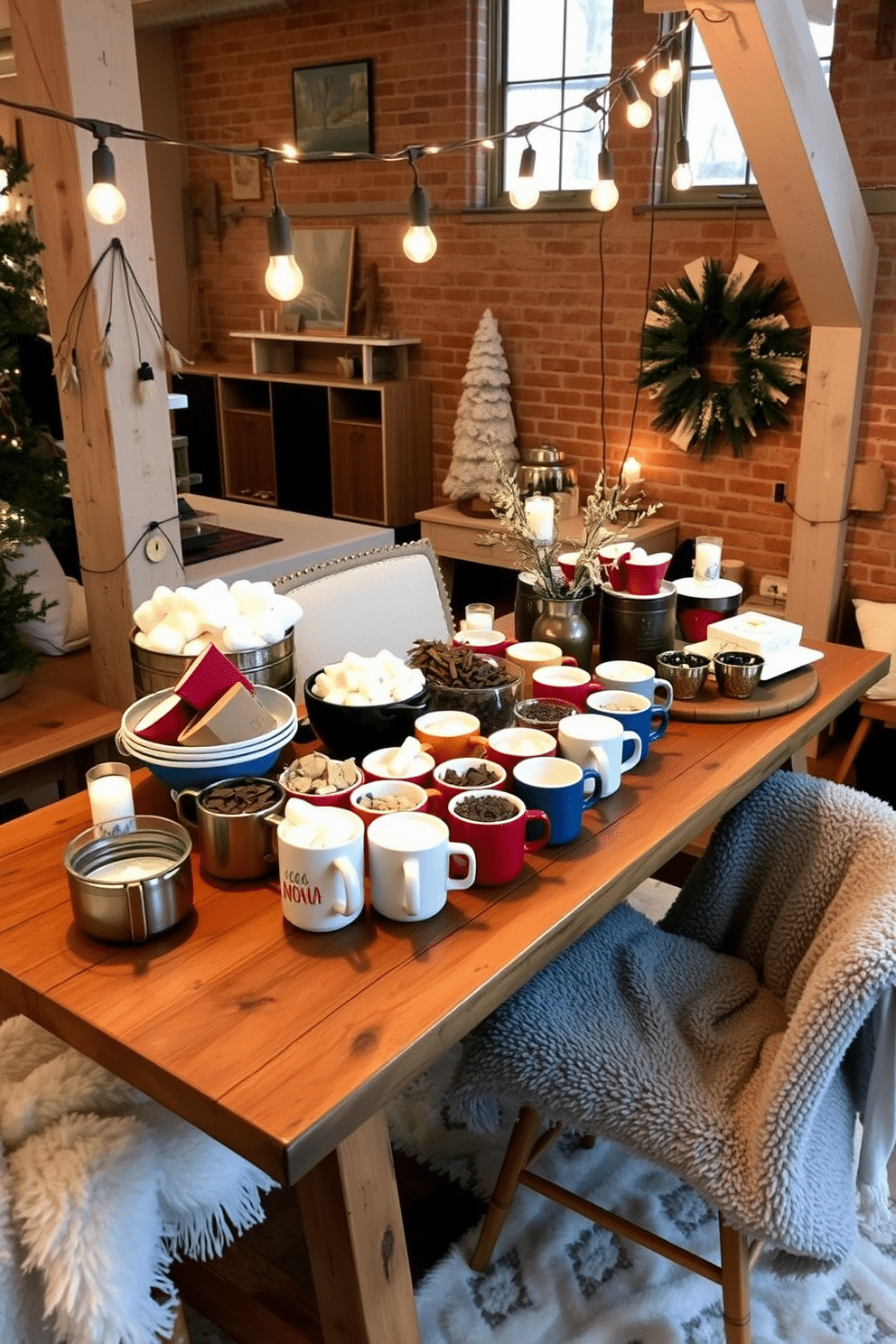 A cozy hot cocoa station is set up in a stylish winter loft. The station features a rustic wooden table adorned with an array of colorful mugs and an assortment of toppings including marshmallows, whipped cream, and chocolate shavings. String lights hang above the table, casting a warm glow across the space. Plush blankets are draped over nearby chairs, inviting guests to settle in and enjoy a comforting cup of cocoa while surrounded by winter decor.