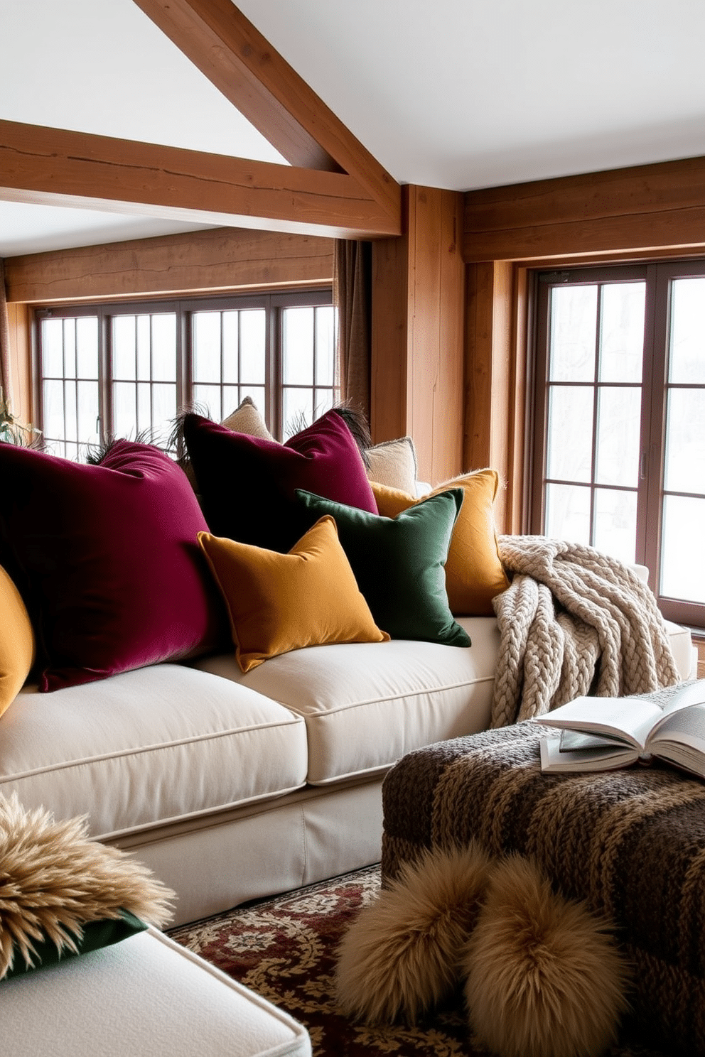 Pillows in rich warm fabrics are arranged on a cozy oversized sofa, inviting warmth and comfort to the winter loft. The color palette includes deep burgundy, forest green, and golden hues, creating a luxurious and inviting atmosphere. Layered textures are evident with chunky knit throws draped over the sofa and soft faux fur accents scattered throughout the space. Large windows allow natural light to flood in, highlighting the rich fabrics and creating a serene winter retreat.