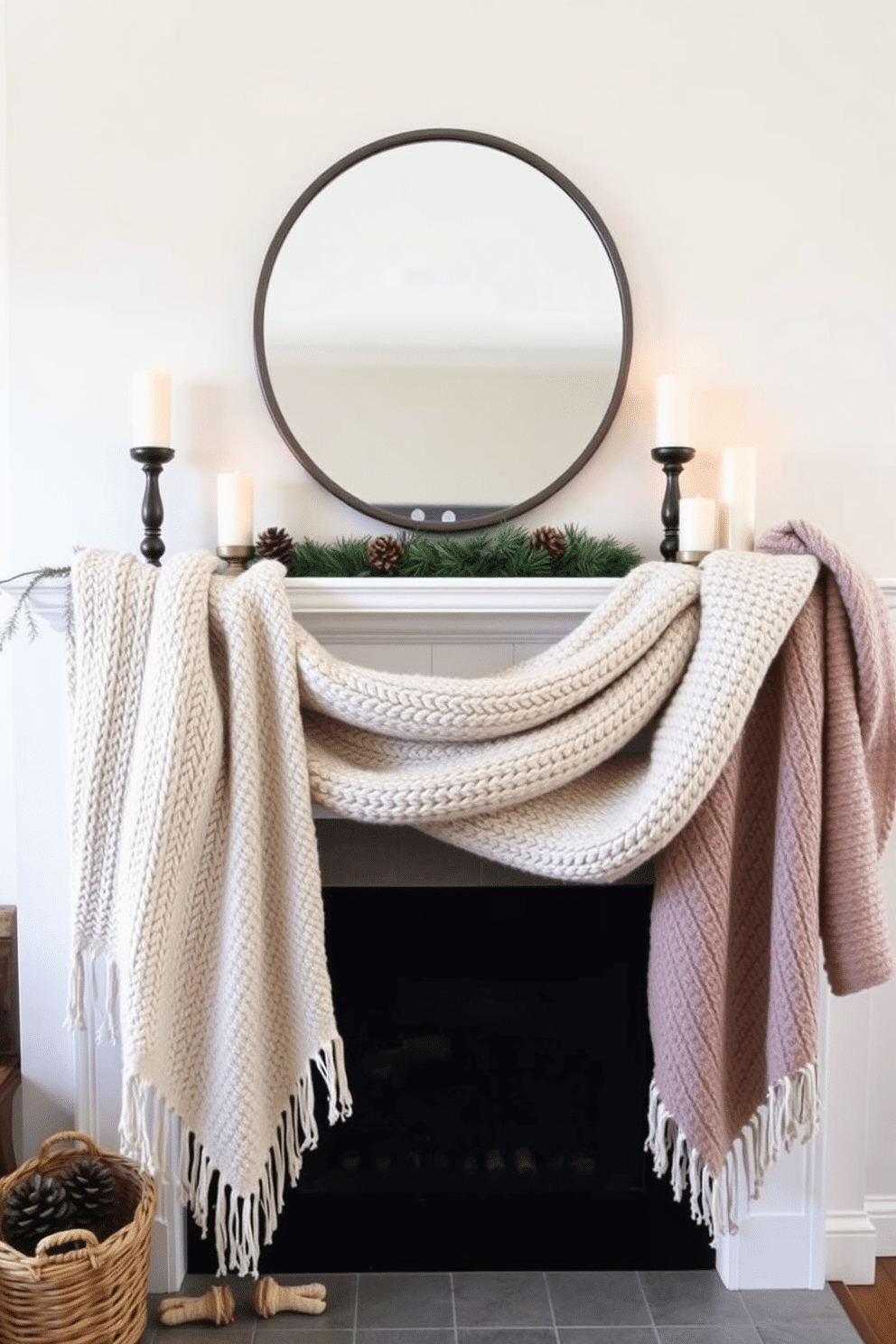 A cozy winter mantel decorated with soft knit blankets draped elegantly over the mantelpiece. The blankets are in warm, neutral tones, complemented by seasonal accents like pinecones and candles.