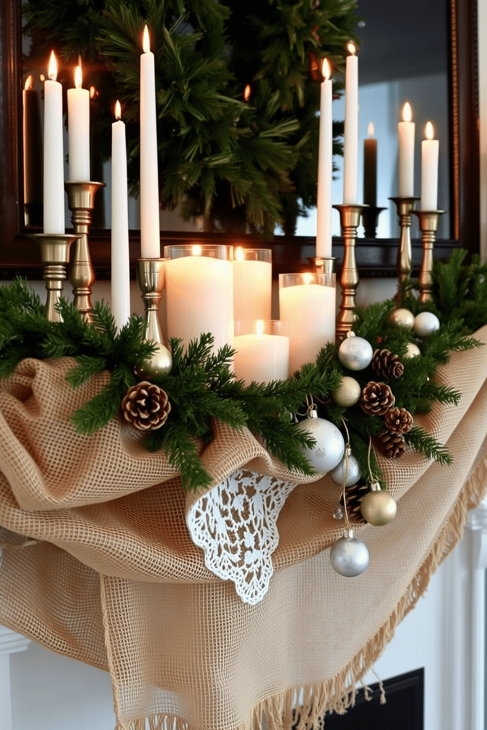 A beautifully styled winter mantel features a base layer of natural burlap draped elegantly across the surface. Delicate lace accents are intertwined with evergreen branches, creating a cozy and inviting atmosphere. The mantel is adorned with an assortment of candles in varying heights, their warm glow illuminating the textures. A collection of seasonal ornaments, including pinecones and glass baubles, adds a touch of sparkle and charm.