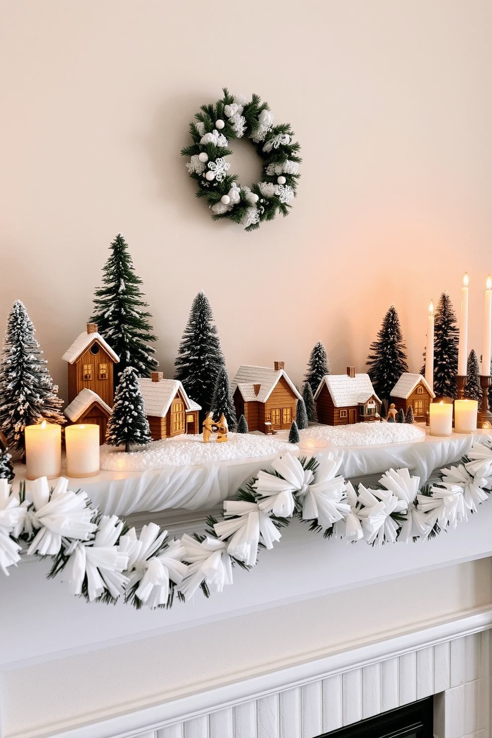 A charming miniature winter village is artfully arranged on the mantel, featuring tiny houses with snow-covered rooftops and twinkling lights. Evergreen trees and small figurines of children playing in the snow add a whimsical touch to the scene. Soft white garlands drape elegantly across the mantel, enhancing the winter wonderland theme. A collection of candles in varying heights flickers gently, casting a warm glow over the festive display.