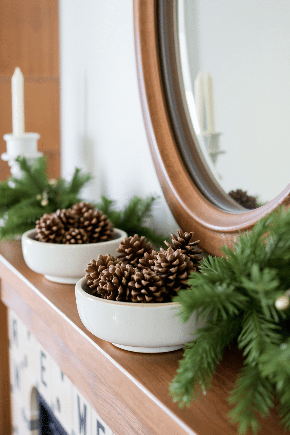 A cozy winter mantel adorned with simple ceramic bowls filled with pinecones. The warm wood of the mantel contrasts beautifully with the natural textures of the pinecones, creating a rustic yet elegant atmosphere.