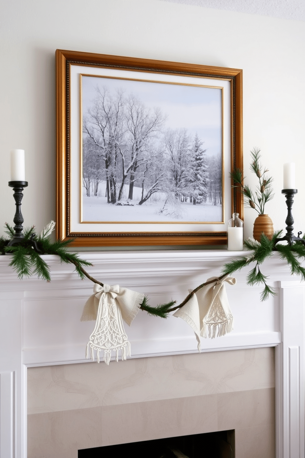 A cozy winter mantel decorated with seasonal artwork framed above. The artwork features a serene winter landscape, with snow-covered trees and a soft blue sky, creating a tranquil focal point for the room.