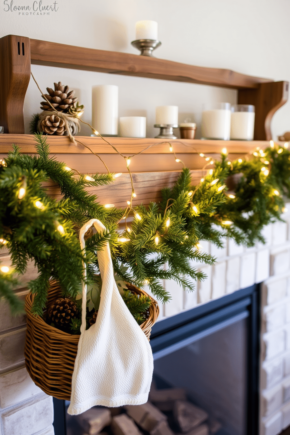 A cozy winter mantel adorned with woven baskets that add warmth and charm to the space. The baskets are filled with seasonal decorations like pinecones and greenery, creating a welcoming atmosphere. Above the mantel, a rustic wooden shelf displays candles and holiday-themed decor. Soft fairy lights are intertwined with evergreen branches, casting a warm glow throughout the room.