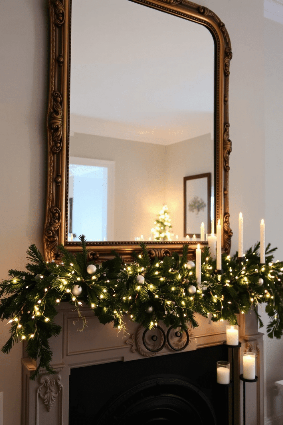 A large ornate mirror hangs above a traditional fireplace, reflecting the soft glow of winter lights. The mantel is elegantly adorned with evergreen garlands, twinkling fairy lights, and a collection of decorative candles in varying heights.