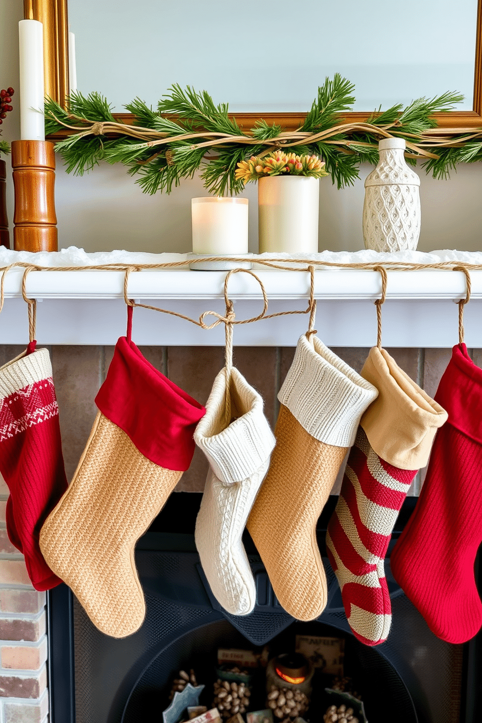 A cozy winter mantel decorated with hanging stockings secured by rustic twine. The stockings are in various textures and patterns, creating a warm and inviting atmosphere.