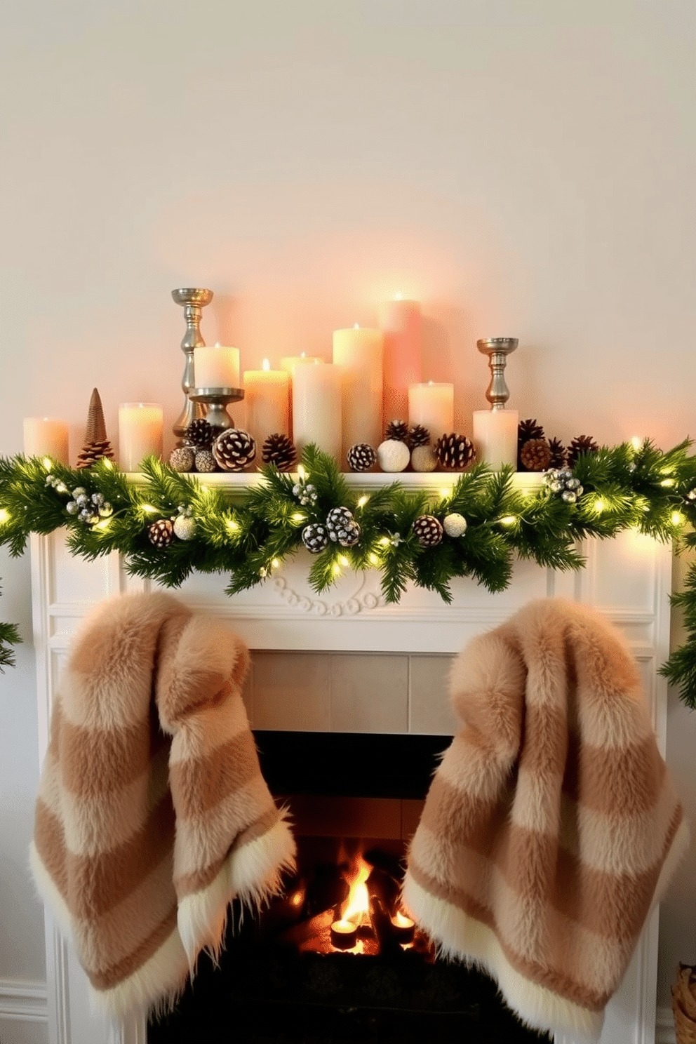 A cozy winter mantel decorated with soft faux fur throws draped elegantly across the surface. Above the mantel, a collection of warm-toned candles and pinecones create a festive atmosphere, complemented by a garland of greenery intertwined with twinkling fairy lights.