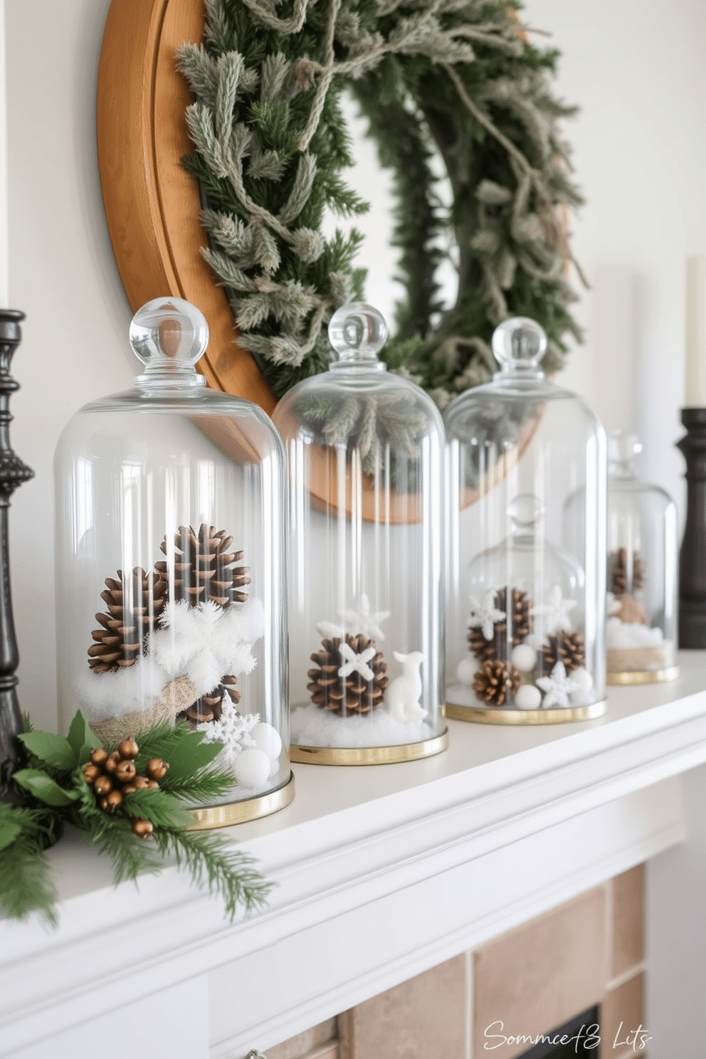 A cozy winter mantel adorned with glass cloches filled with seasonal treasures. Each cloche displays a unique collection of winter-themed items such as pinecones, faux snow, and delicate ornaments, creating a charming focal point.