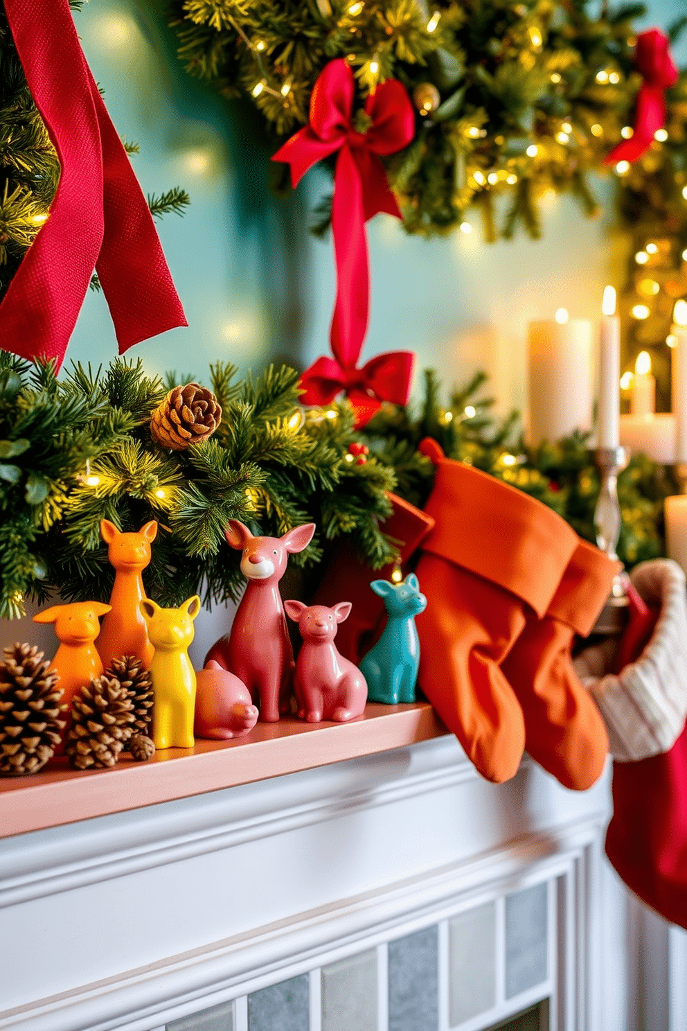 Whimsical animal figurines are arranged playfully on a bright, colorful mantel. The figurines are crafted from ceramic and feature various animals in vibrant hues, adding a fun and cheerful element to the decor. For winter mantel decorating ideas, a cozy scene is created with evergreen garlands and twinkling fairy lights. Stockings in rich fabrics hang from the mantel, complemented by pinecones and candles in varying heights for a warm ambiance.