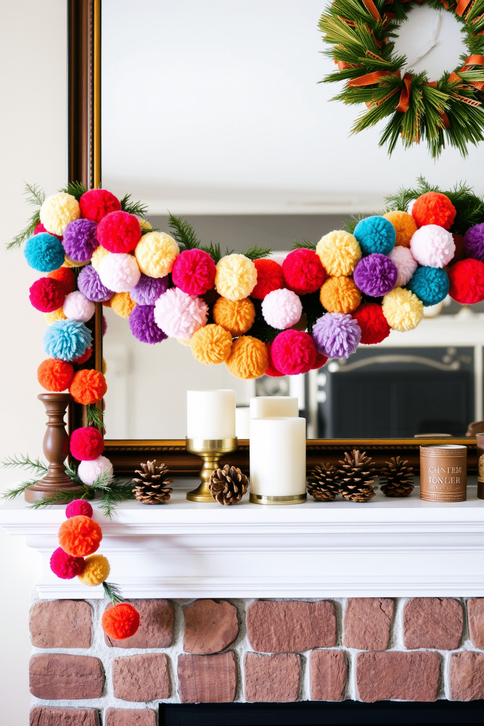 A cozy winter mantel decorated with a handmade pom-pom garland in vibrant colors. The garland drapes elegantly across the mantel, complementing a collection of rustic candles and pinecones.