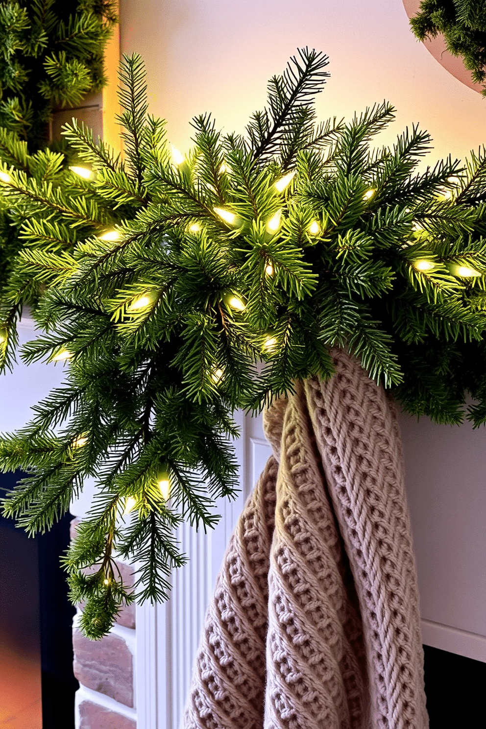 A cozy winter mantel adorned with fresh evergreen sprigs interspersed among twinkling fairy lights. The rich texture of a knitted throw drapes over the side, adding warmth and inviting charm to the festive display.