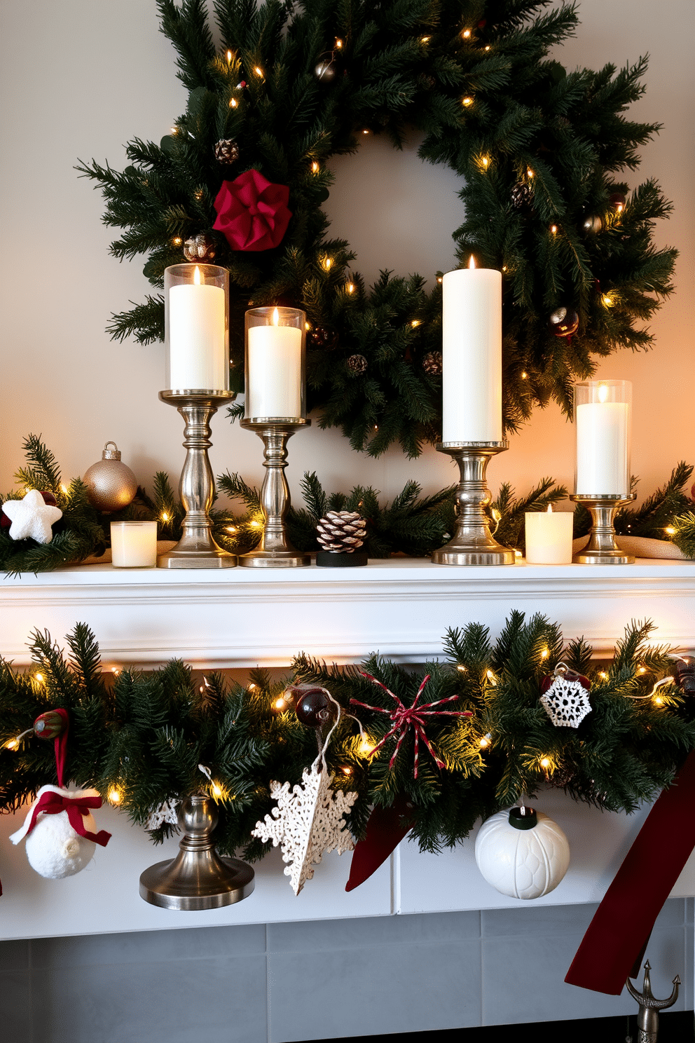 Candlestick holders in varying heights are arranged on a beautifully styled winter mantel. The mantel is adorned with evergreen garlands, twinkling fairy lights, and a selection of seasonal decorations that create a warm and inviting atmosphere.