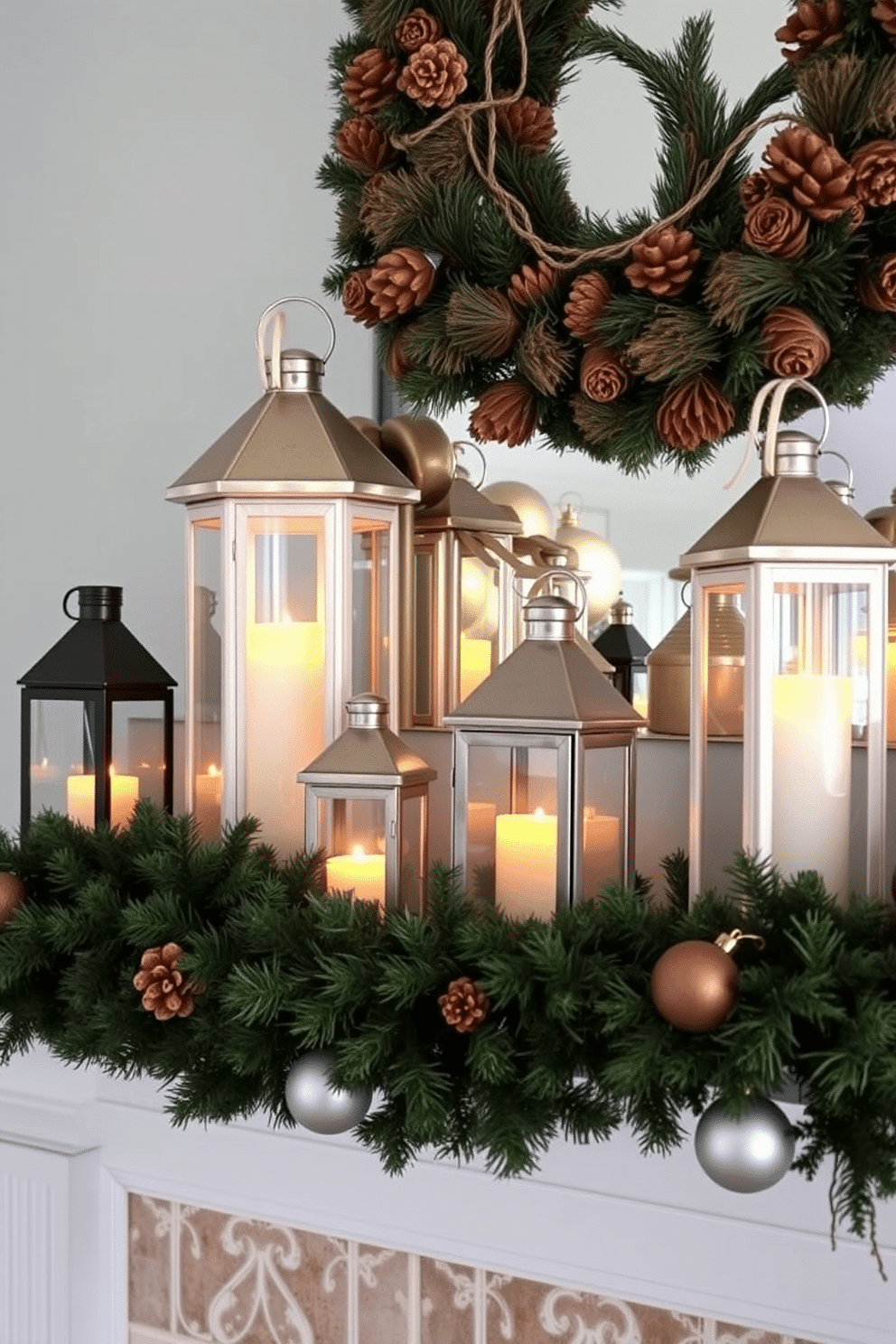 A cozy winter mantel adorned with decorative lanterns featuring flickering candles creates a warm and inviting atmosphere. The mantel is draped with evergreen garlands and accented with rustic ornaments that enhance the seasonal charm.