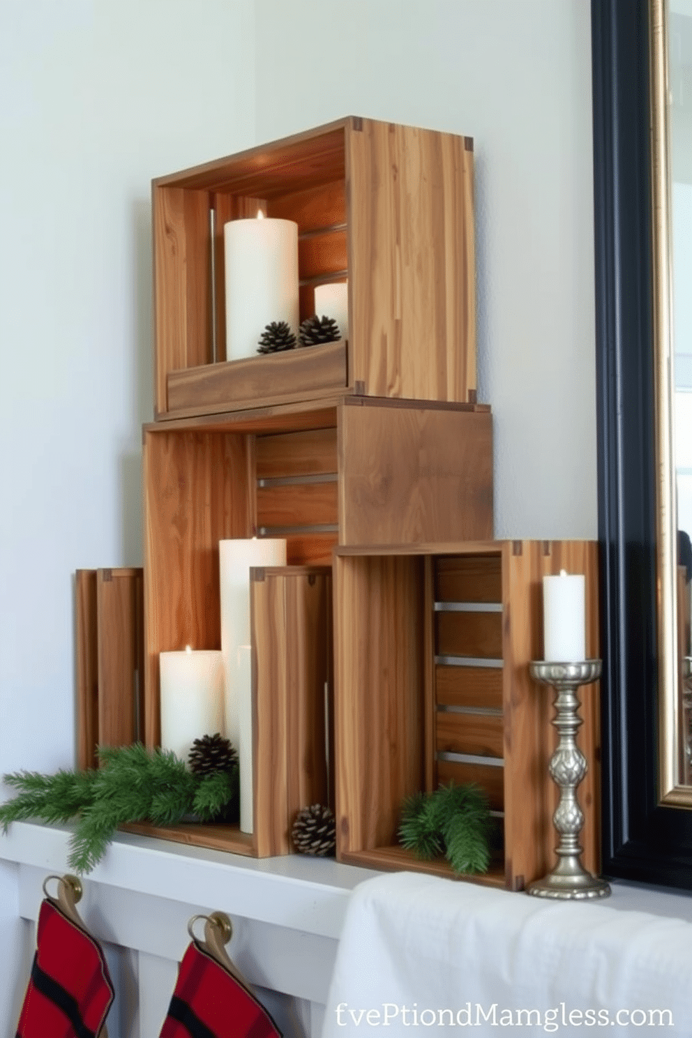 Create a cozy winter mantel display featuring stacked wooden crates in varying sizes. Arrange the crates to create layered levels, showcasing seasonal decor such as pinecones, candles, and evergreen branches.