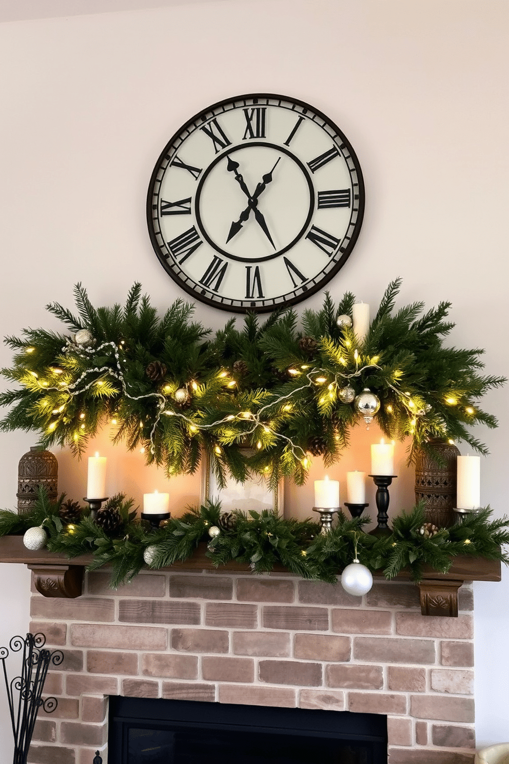 A large vintage clock serves as the centerpiece of the living room, its intricate design drawing the eye and adding character to the space. The clock is mounted above a rustic mantel, which is adorned with seasonal decorations that evoke the warmth of winter. The mantel features a garland of evergreen branches intertwined with twinkling fairy lights, creating a cozy ambiance. Complementing this are decorative elements such as pinecones, candles in varying heights, and a few carefully placed holiday ornaments.