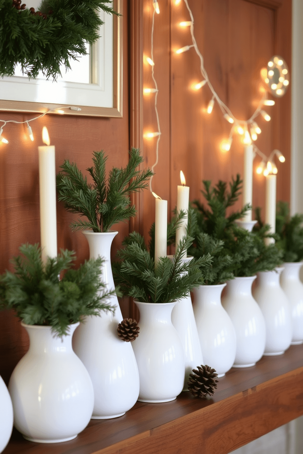 A cozy winter mantel setting adorned with simple white ceramic vases filled with fresh greenery. The vases are arranged in a staggered formation, creating a harmonious balance against the backdrop of a rustic wooden mantel. Soft white fairy lights are draped along the mantel, adding a warm glow to the scene. A few pinecones and candles in varying heights are placed among the vases, enhancing the winter aesthetic.