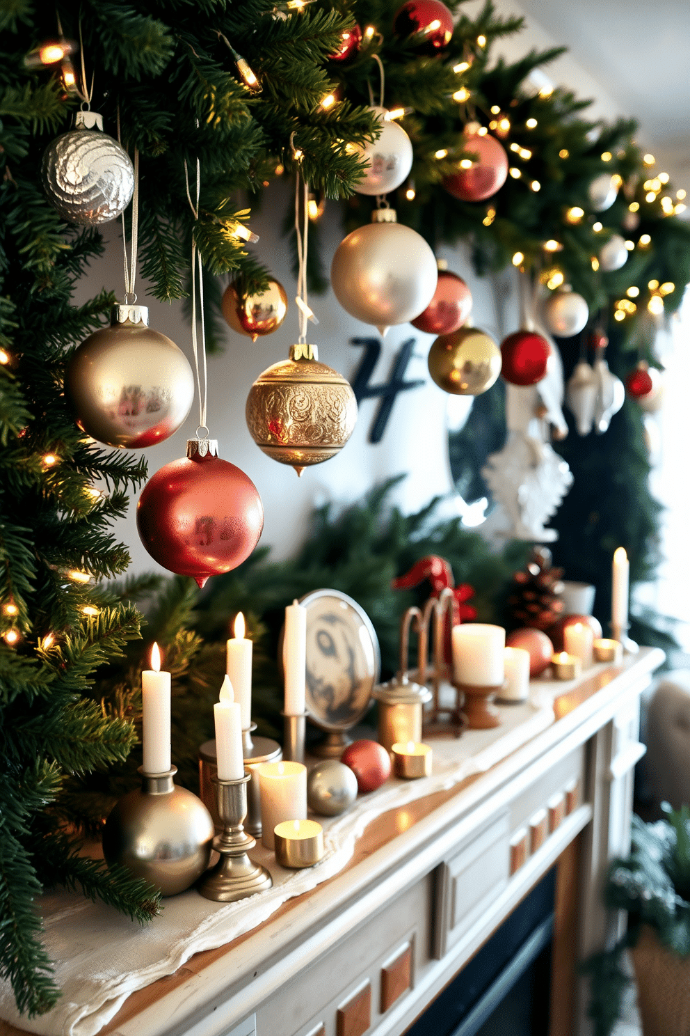 A cozy winter mantel adorned with repurposed Christmas tree ornaments. The ornaments in various shapes and colors hang gracefully from garlands of pine and twinkling fairy lights. A collection of vintage ornaments is artfully arranged on the mantel alongside candles of varying heights. The scene is completed with a backdrop of evergreen boughs and a warm, inviting glow.