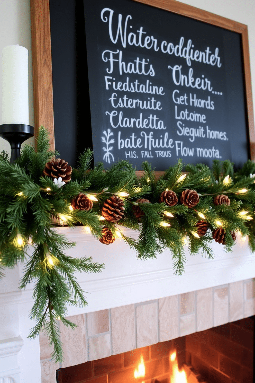 A cozy winter mantel adorned with a chalkboard displaying seasonal messages. The mantel features a mix of evergreen garlands, pinecones, and soft white fairy lights for a warm ambiance.