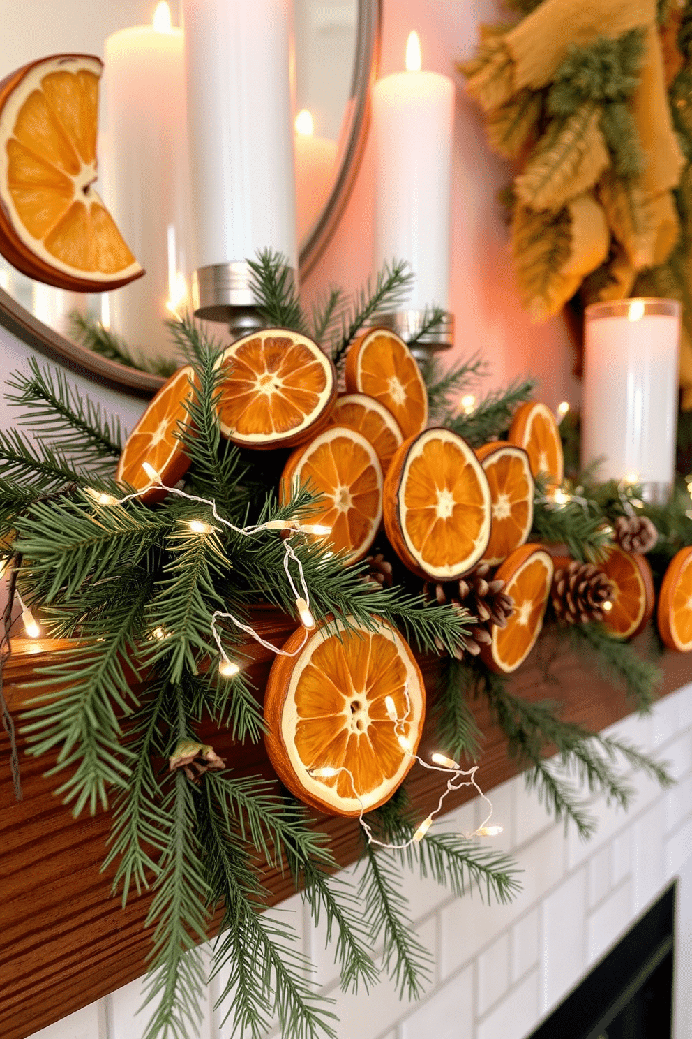 A cozy winter mantel decorated with dried citrus slices adds a natural touch to the space. The warm tones of the citrus contrast beautifully with the rich wood of the mantel and the soft glow of flickering candles. Layered evergreen branches and pinecones surround the citrus for a festive feel. A few delicate fairy lights are woven through the arrangement to create a warm and inviting atmosphere.