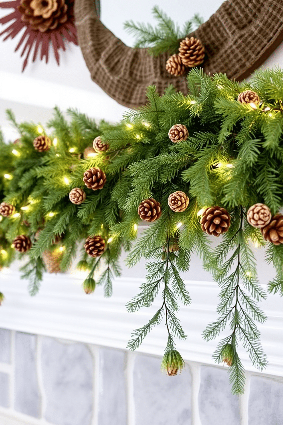 A cozy winter mantel adorned with natural greenery and pinecones creates a warm and inviting atmosphere. The lush greenery drapes elegantly over the mantel, complemented by clusters of pinecones artfully arranged throughout. Soft white string lights twinkle among the foliage, adding a gentle glow to the display. A few rustic wooden accents, such as small logs or branches, enhance the natural theme and bring a touch of the outdoors inside.