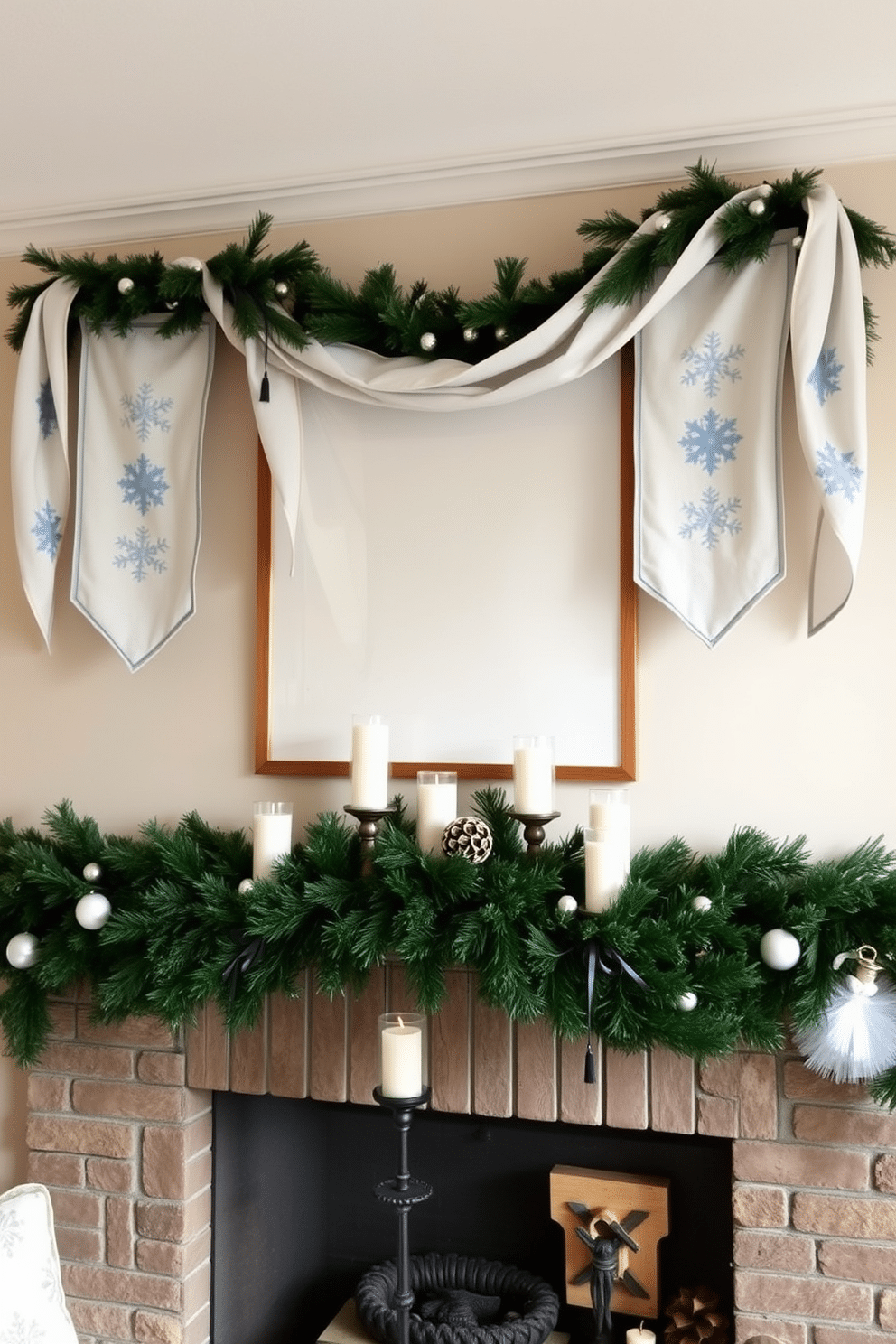 A cozy winter-themed living room adorned with fabric banners and garlands. The banners feature snowflakes and pine trees in soft blues and whites, draping elegantly across the mantel. The mantel is decorated with a mix of white candles and evergreen garlands. A few rustic wooden accents and small ornaments add a touch of warmth to the winter display.