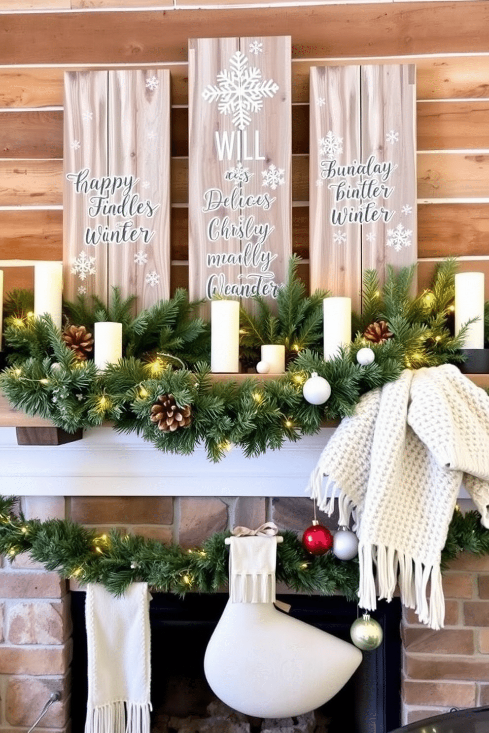 Rustic wooden signs featuring inspirational winter quotes are displayed against a backdrop of a cozy cabin wall. The signs are adorned with white snowflakes and surrounded by evergreen garlands, creating a warm and inviting atmosphere. The winter mantel is decorated with a variety of natural elements, including pinecones, candles, and twinkling fairy lights. A plush, knitted throw drapes over one side, while a collection of festive ornaments adds a touch of color and cheer.