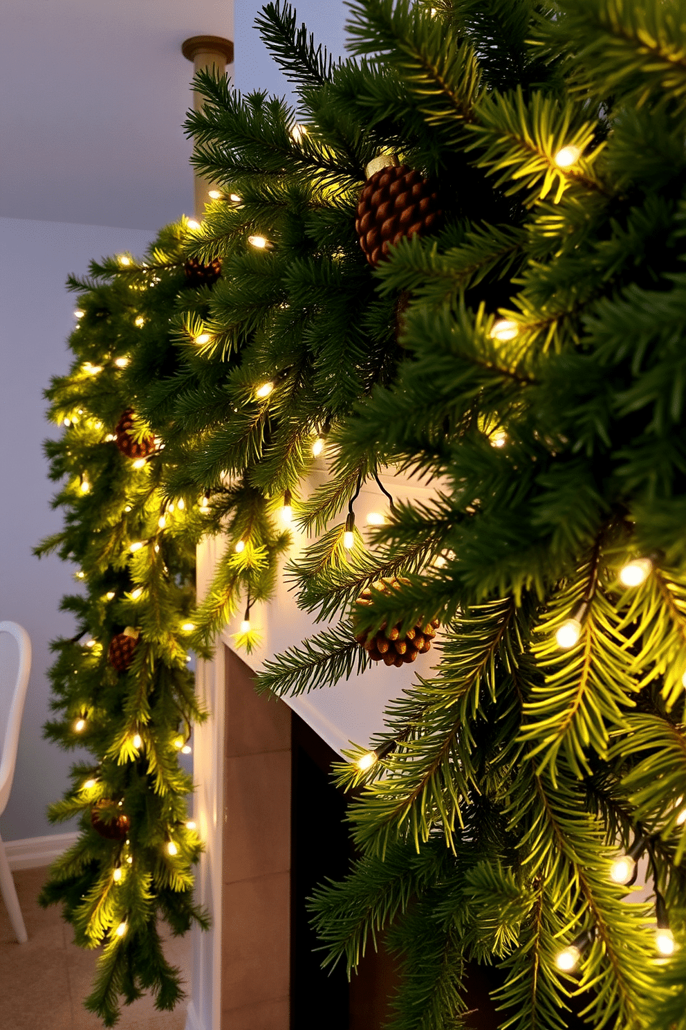 A cozy winter mantel adorned with twinkling fairy lights intertwined with lush green garland. The lights cast a warm glow, highlighting seasonal decor such as pinecones and small ornaments nestled among the foliage.