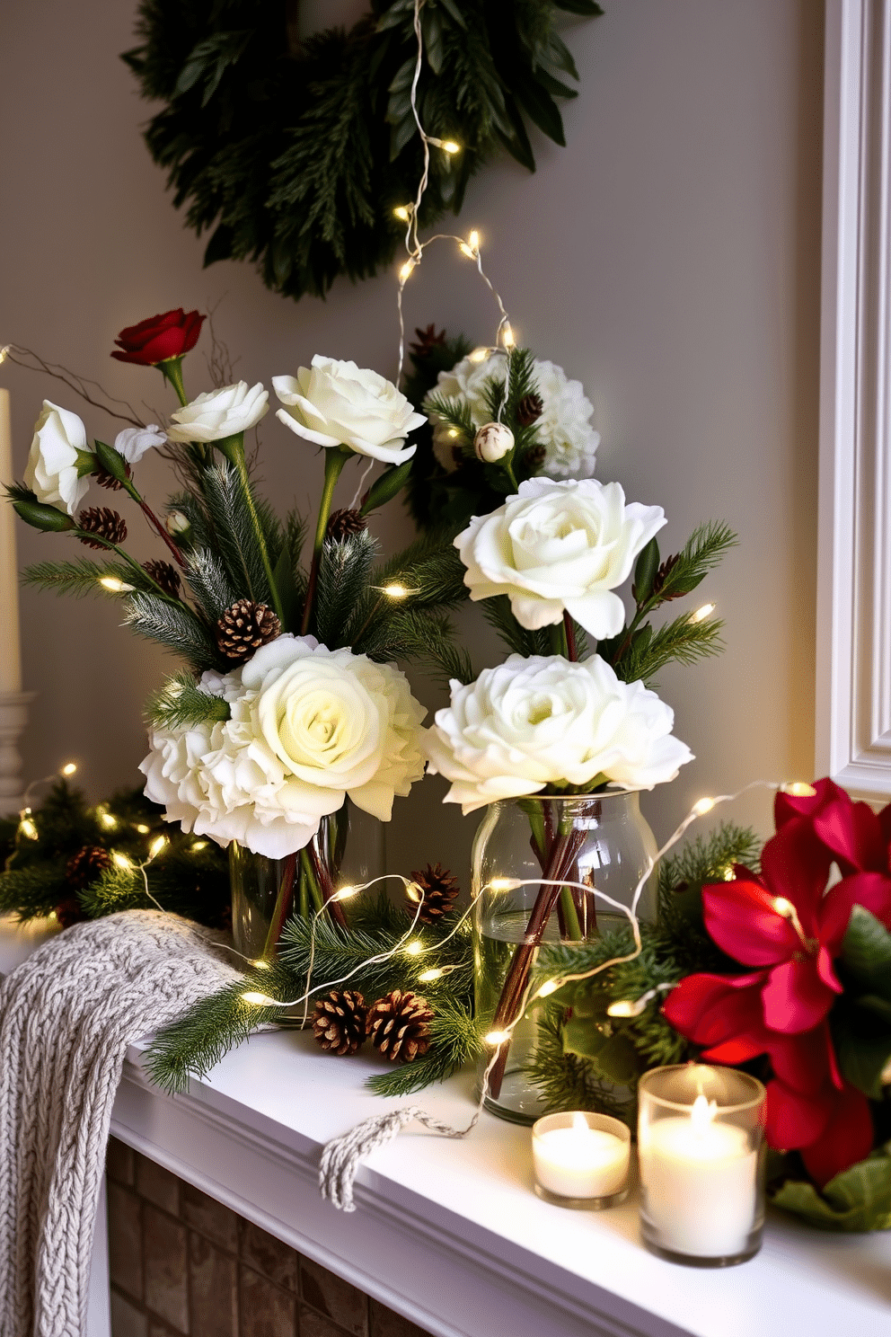 A cozy winter mantel adorned with glass vases filled with seasonal florals. The vases feature white and deep red blooms, surrounded by evergreen branches and pinecones for a festive touch. The mantel is decorated with soft, textured fabrics like a knitted throw and candles of varying heights. Twinkling fairy lights are woven through the arrangement, creating a warm and inviting atmosphere.