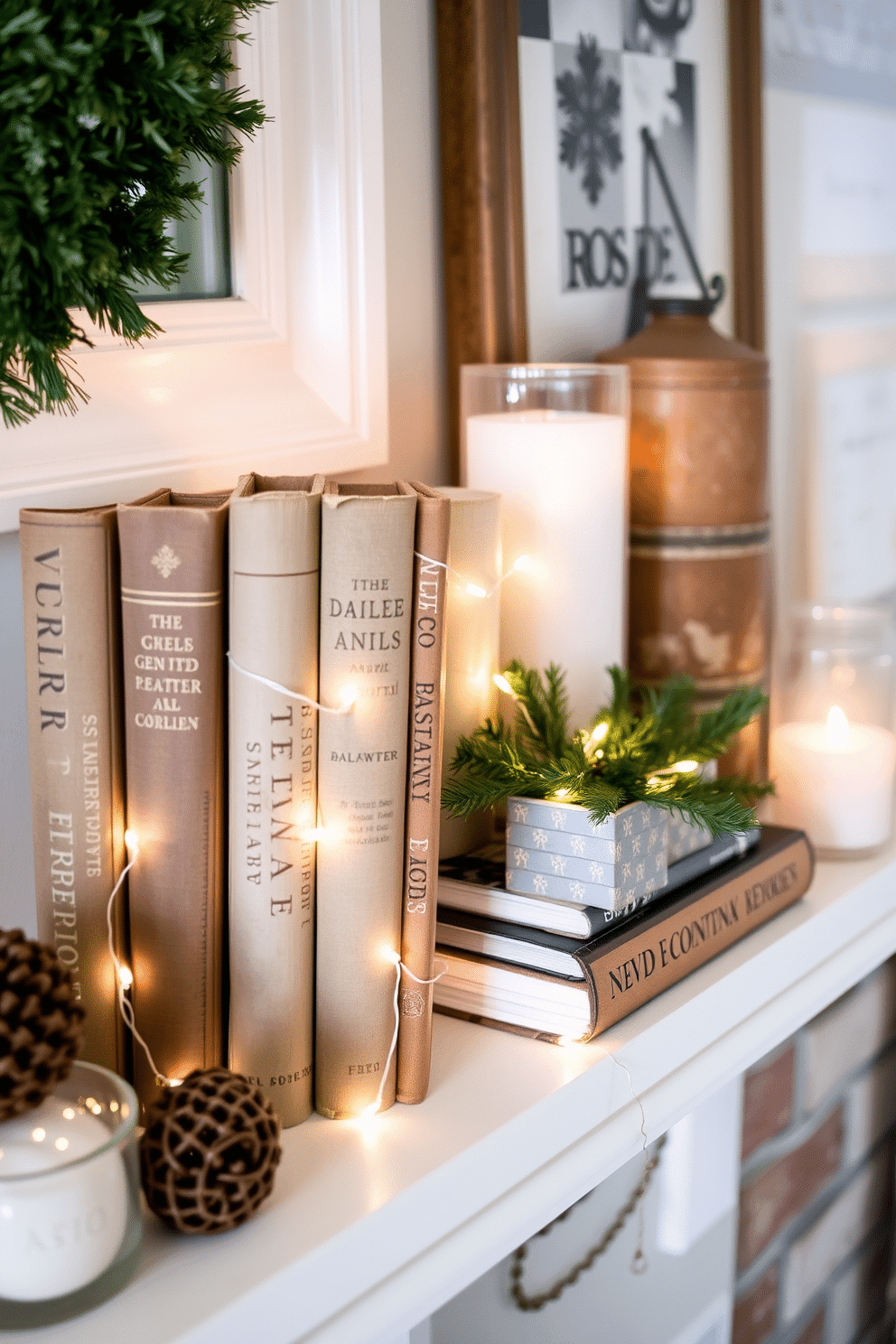 A cozy winter mantel adorned with vintage books stacked neatly alongside decorative accents. Soft twinkling fairy lights wrap around the books, while a small evergreen arrangement adds a touch of seasonal charm.