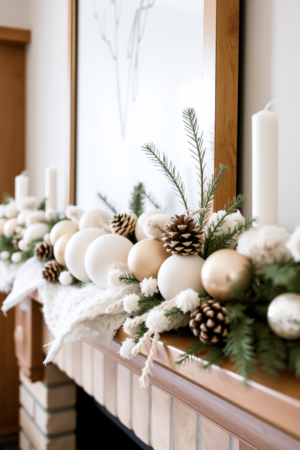 Neutral colored ornaments are artfully arranged on a winter mantel, creating a serene and inviting atmosphere. The decorations include soft beige and white hues, complemented by natural elements like pinecones and sprigs of evergreen.