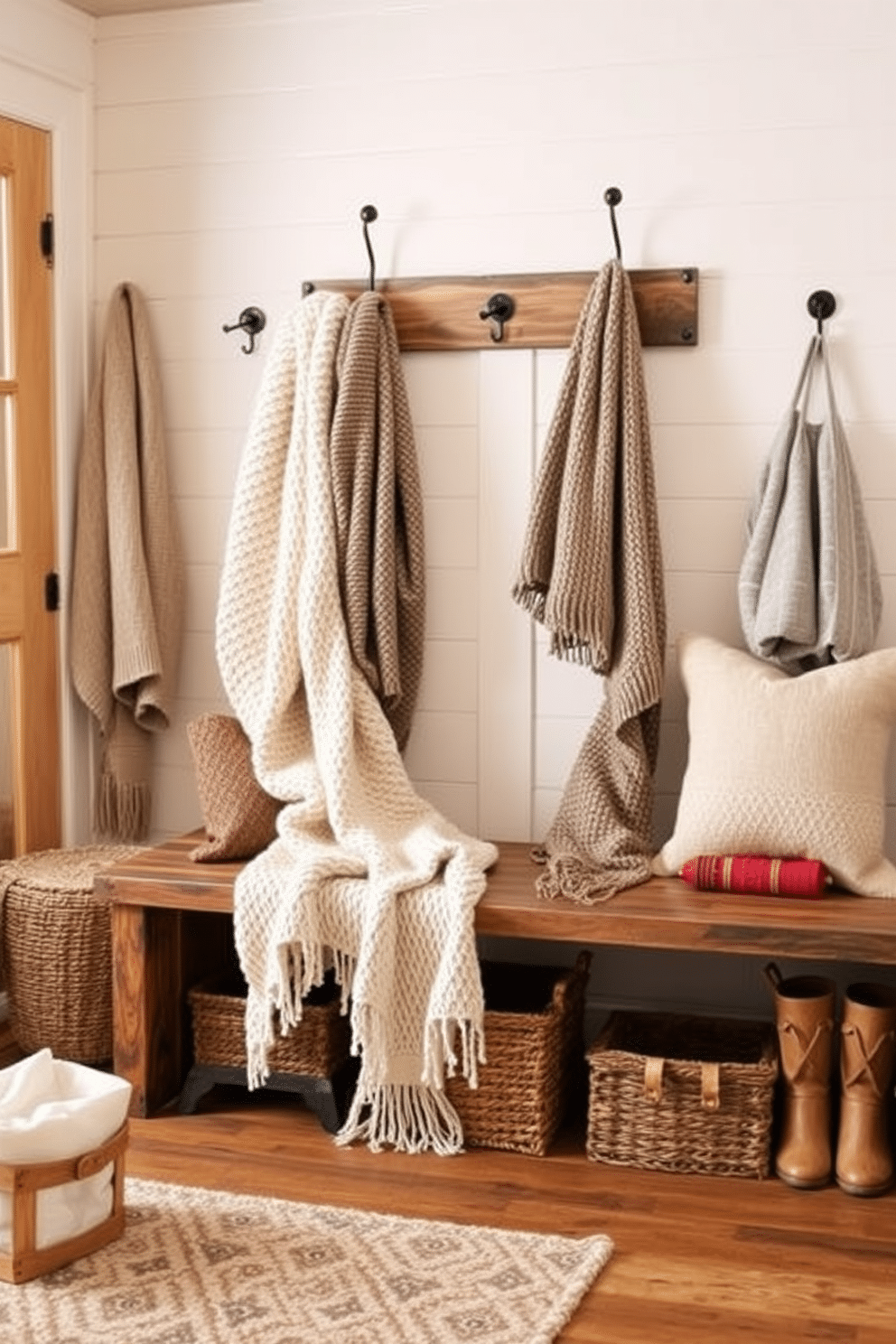 Cozy knitted throw blankets are draped over rustic wooden benches in a charming winter mudroom. The space features a warm color palette with soft lighting, creating an inviting atmosphere perfect for chilly days.