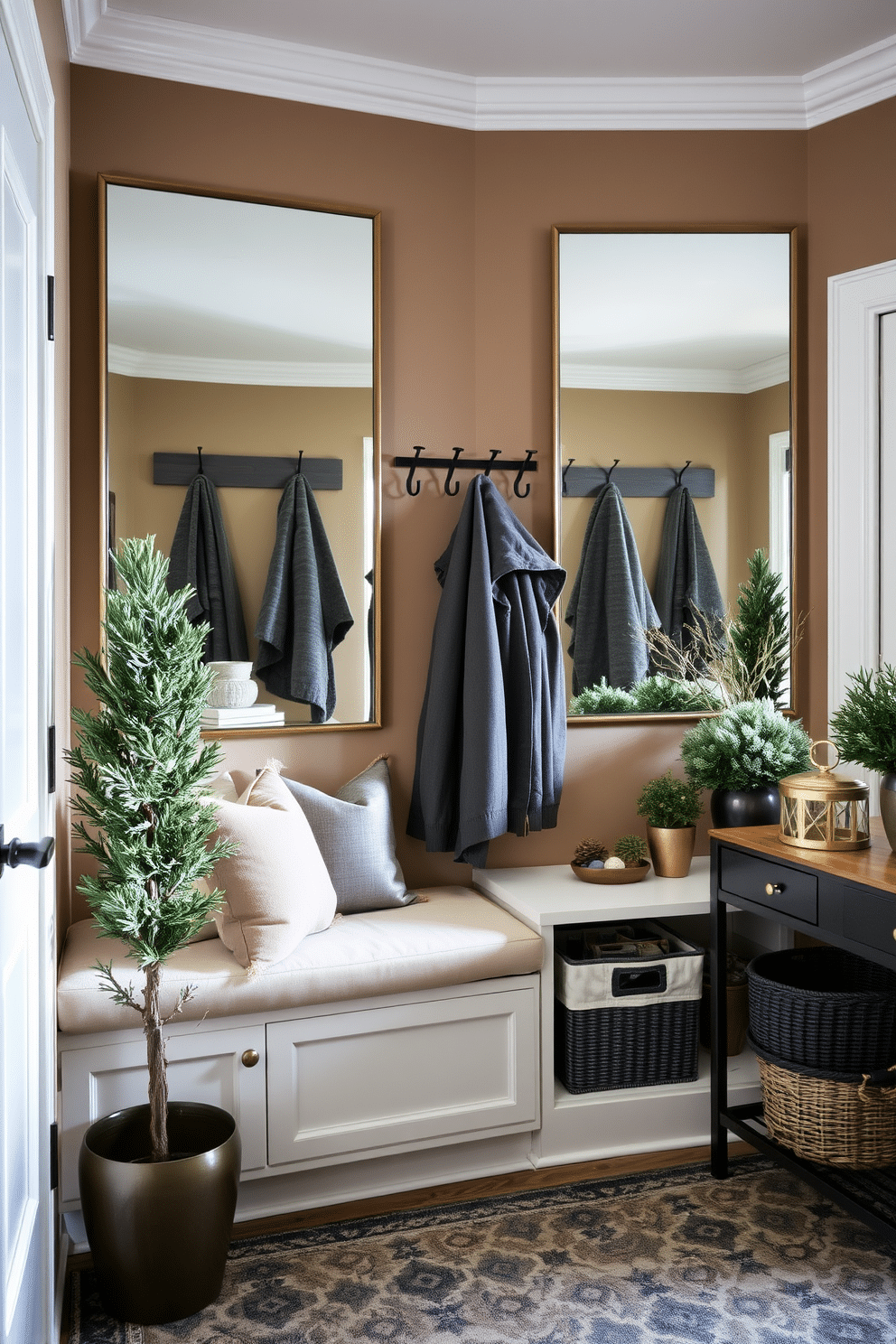 A cozy winter mudroom featuring mirrored surfaces to enhance natural light. The space includes a built-in bench with plush cushions and hooks above for hanging coats, all framed by large mirrors that reflect the soft glow of overhead lighting. The walls are painted in a warm taupe color, complemented by a patterned area rug in cool tones. Potted evergreen plants are placed strategically to bring a touch of nature indoors, while a stylish console table holds seasonal decor and storage baskets.