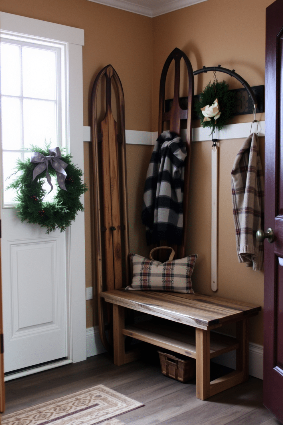 A cozy winter mudroom featuring vintage sleds as decorative accents. The sleds are propped against the wall, adding a nostalgic touch to the space. The mudroom is adorned with a rustic bench made of reclaimed wood. Warm, neutral tones on the walls complement the sleds and create an inviting atmosphere.