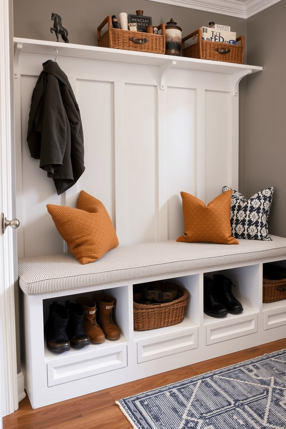 Functional benches with hidden storage create an inviting and practical winter mudroom. The benches are upholstered in a warm fabric, while the storage compartments beneath are easily accessible for stashing winter gear.