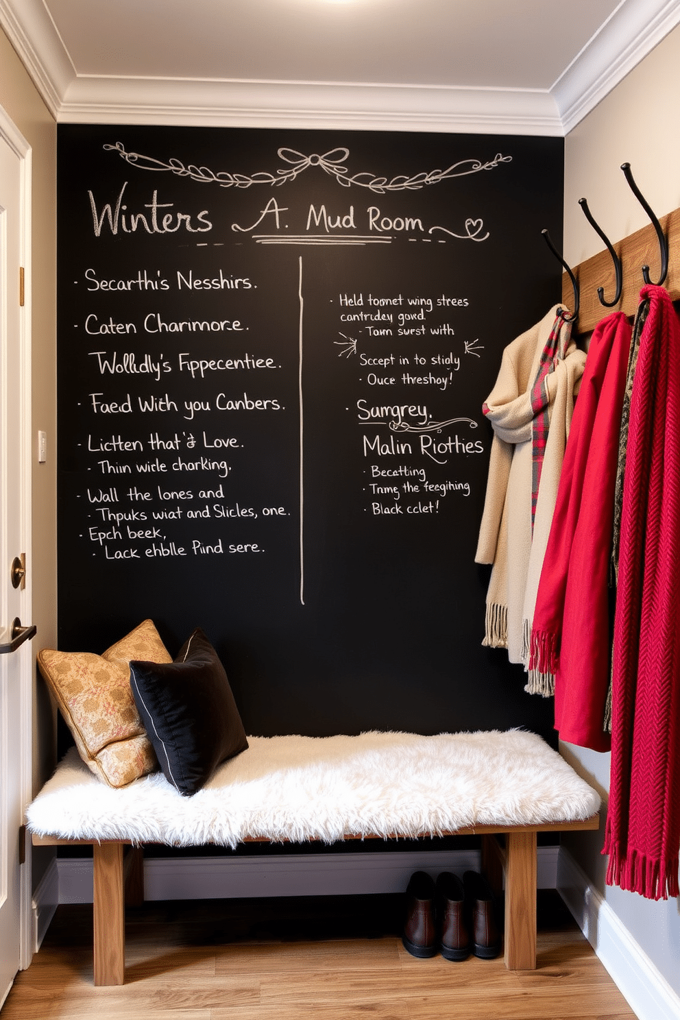 A cozy winter mudroom features a large chalkboard wall where family members can leave messages and reminders. The space is adorned with warm tones, a bench with plush cushions, and hooks for winter coats and scarves.