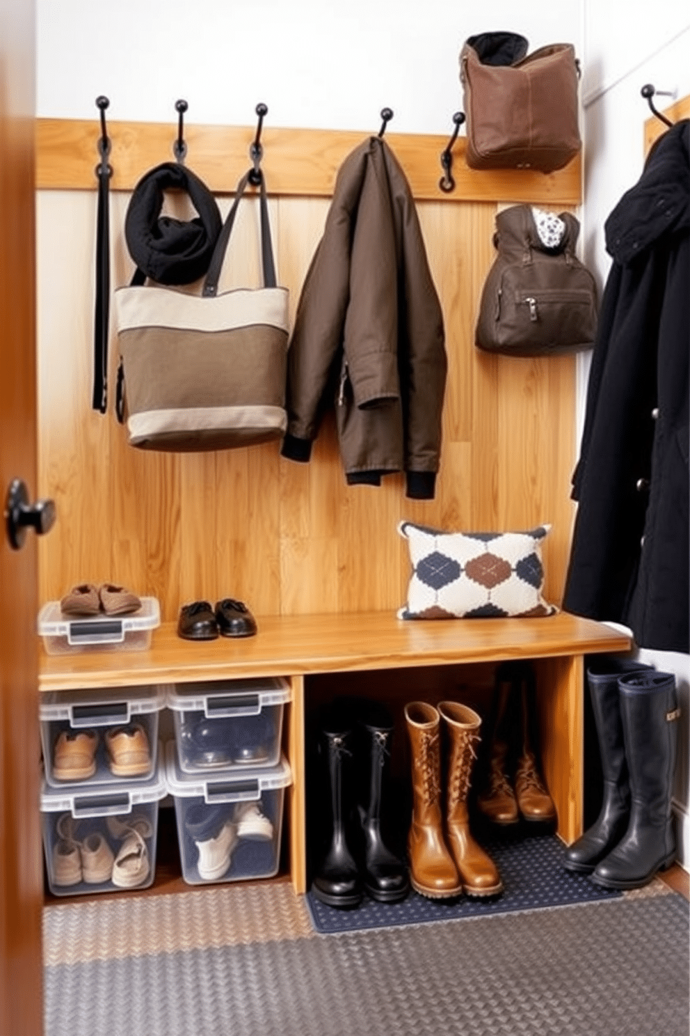 A winter mudroom featuring clear containers for organized footwear. The space includes a sturdy wooden bench with hooks above for coats and bags, while the floor is covered in a durable, textured mat to handle wet boots.